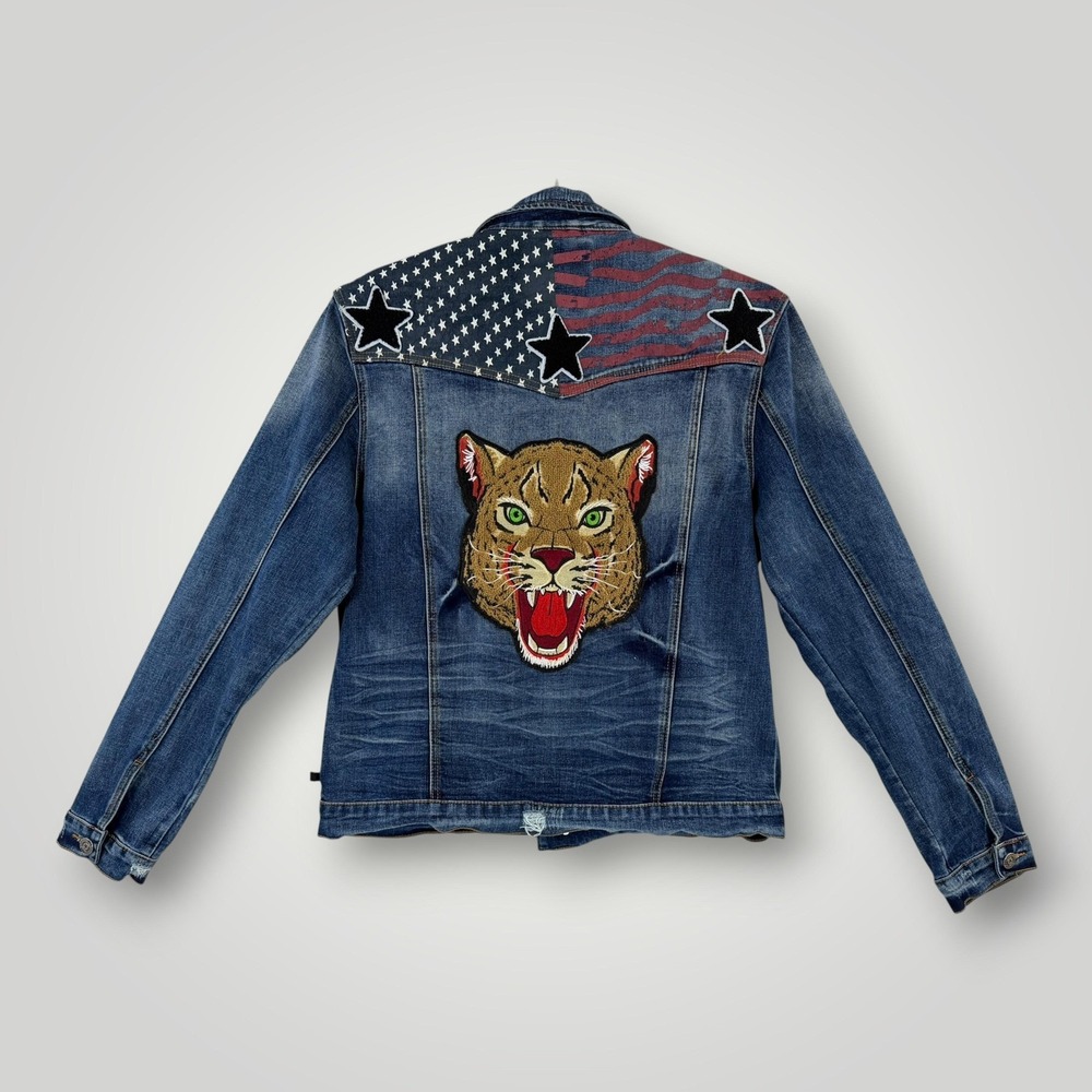 Denim Bomber Jacket with Embroidered Jaguar and Flag Patch
